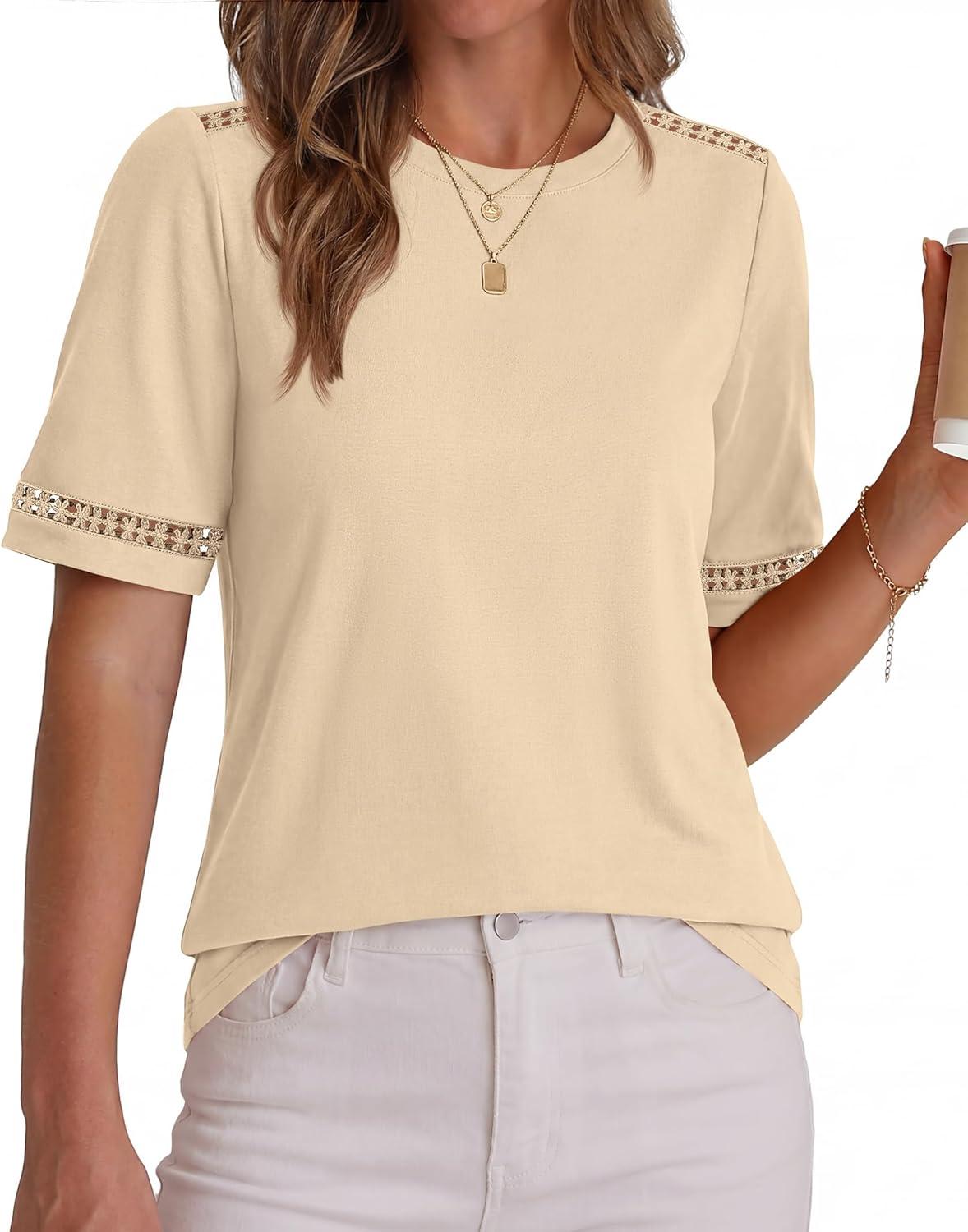 imageBTFBM Womens Summer Tops Lace Short Sleeve Shirts 2026 Spring Casual Loose Crew Neck Cotton Knit Cute Business BlousesApricot