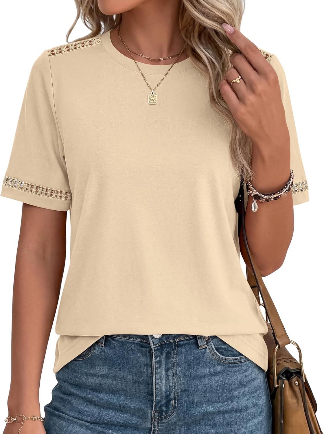 imageBTFBM Womens Summer Tops Lace Short Sleeve Shirts 2026 Spring Casual Loose Crew Neck Cotton Knit Cute Business BlousesApricot