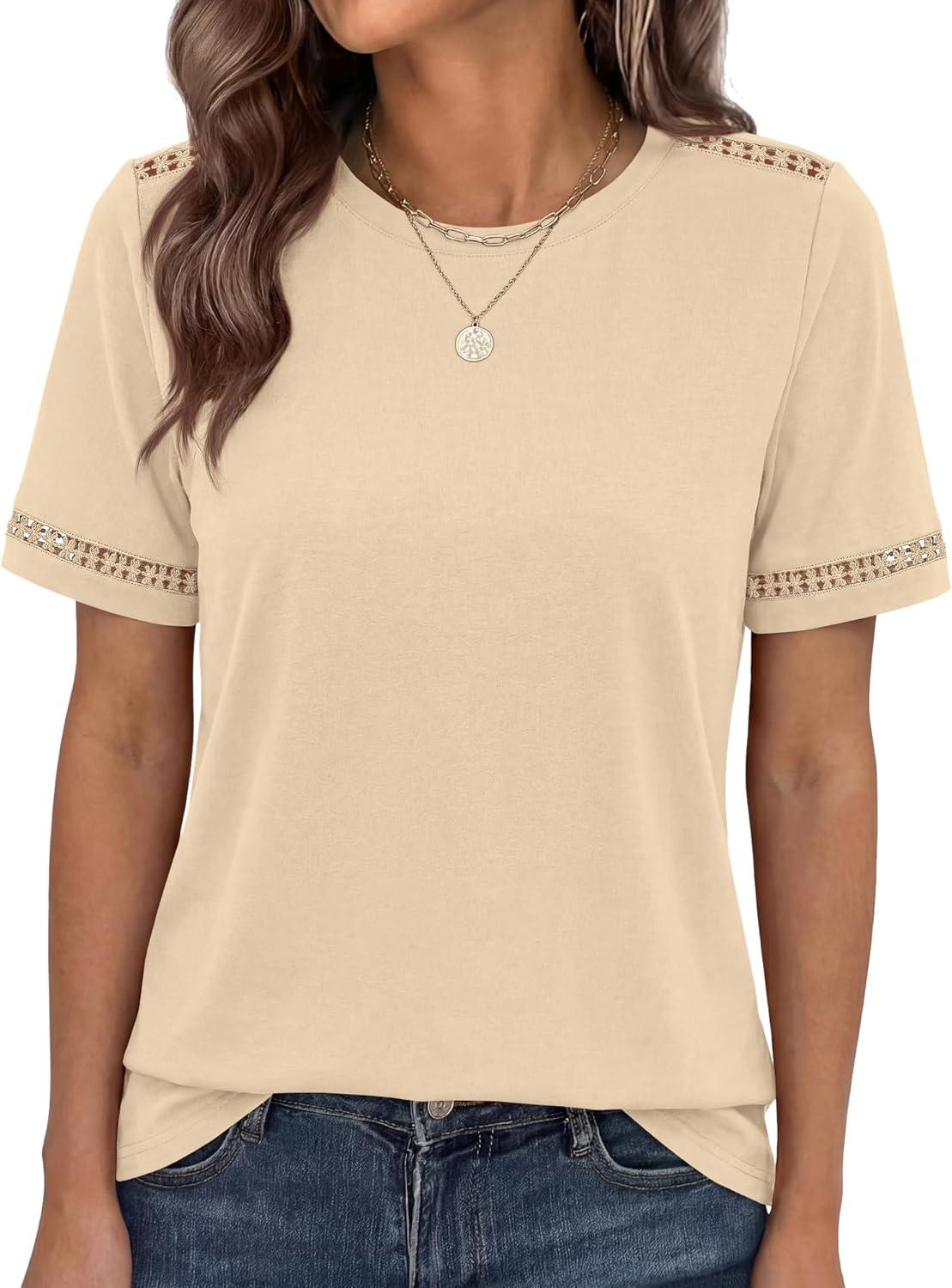 imageBTFBM Womens Summer Tops Lace Short Sleeve Shirts 2026 Spring Casual Loose Crew Neck Cotton Knit Cute Business BlousesApricot