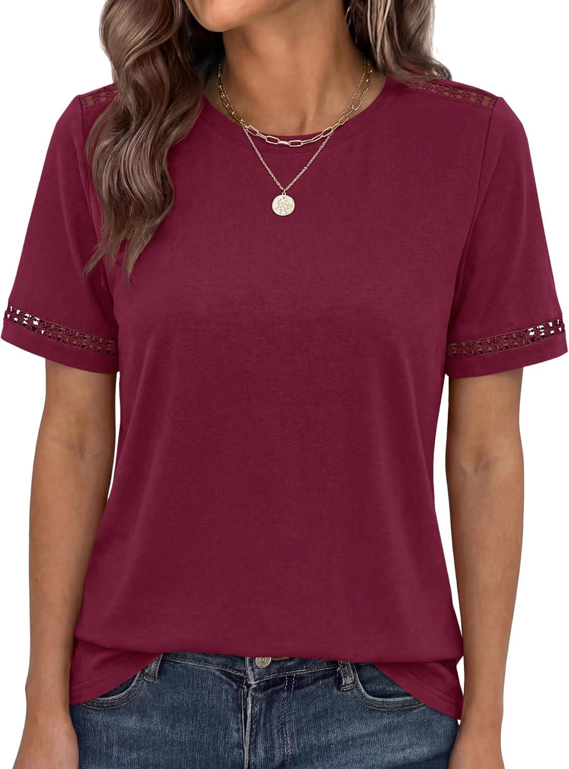 imageBTFBM Womens Summer Tops Lace Short Sleeve Shirts 2026 Spring Casual Loose Crew Neck Cotton Knit Cute Business BlousesBurgundy