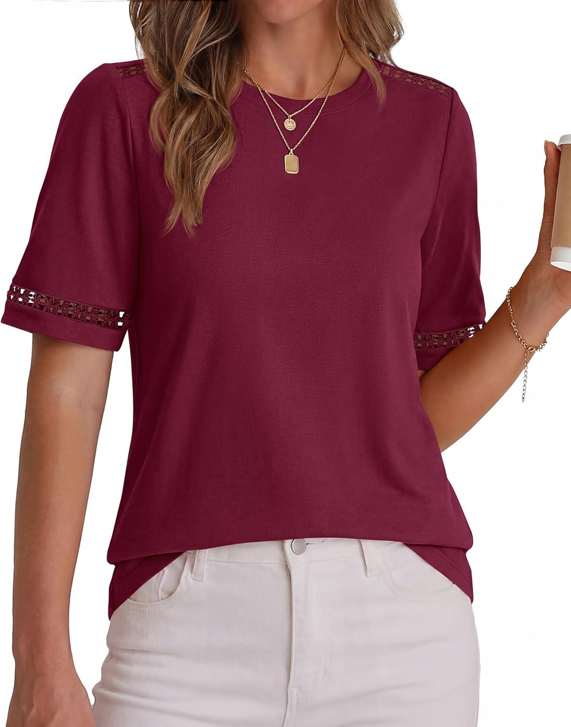 imageBTFBM Womens Summer Tops Lace Short Sleeve Shirts 2026 Spring Casual Loose Crew Neck Cotton Knit Cute Business BlousesBurgundy