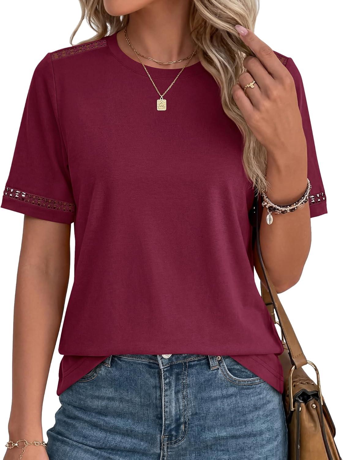 imageBTFBM Womens Summer Tops Lace Short Sleeve Shirts 2026 Spring Casual Loose Crew Neck Cotton Knit Cute Business BlousesBurgundy