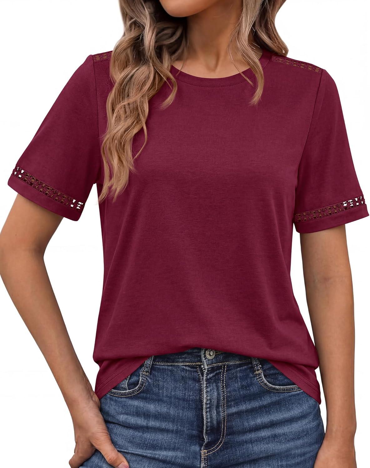 imageBTFBM Womens Summer Tops Lace Short Sleeve Shirts 2026 Spring Casual Loose Crew Neck Cotton Knit Cute Business BlousesBurgundy