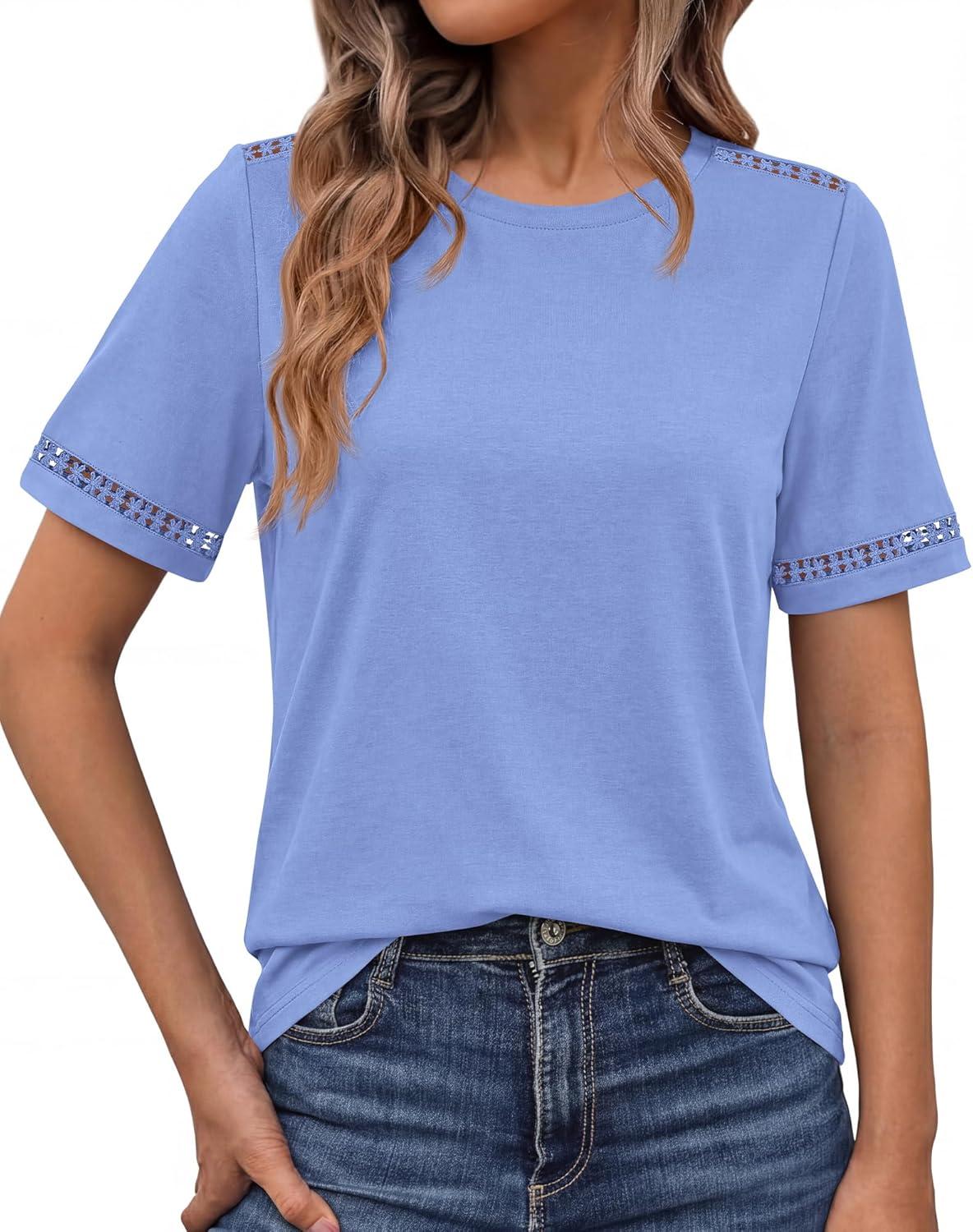 imageBTFBM Womens Summer Tops Lace Short Sleeve Shirts 2026 Spring Casual Loose Crew Neck Cotton Knit Cute Business BlousesLight Blue