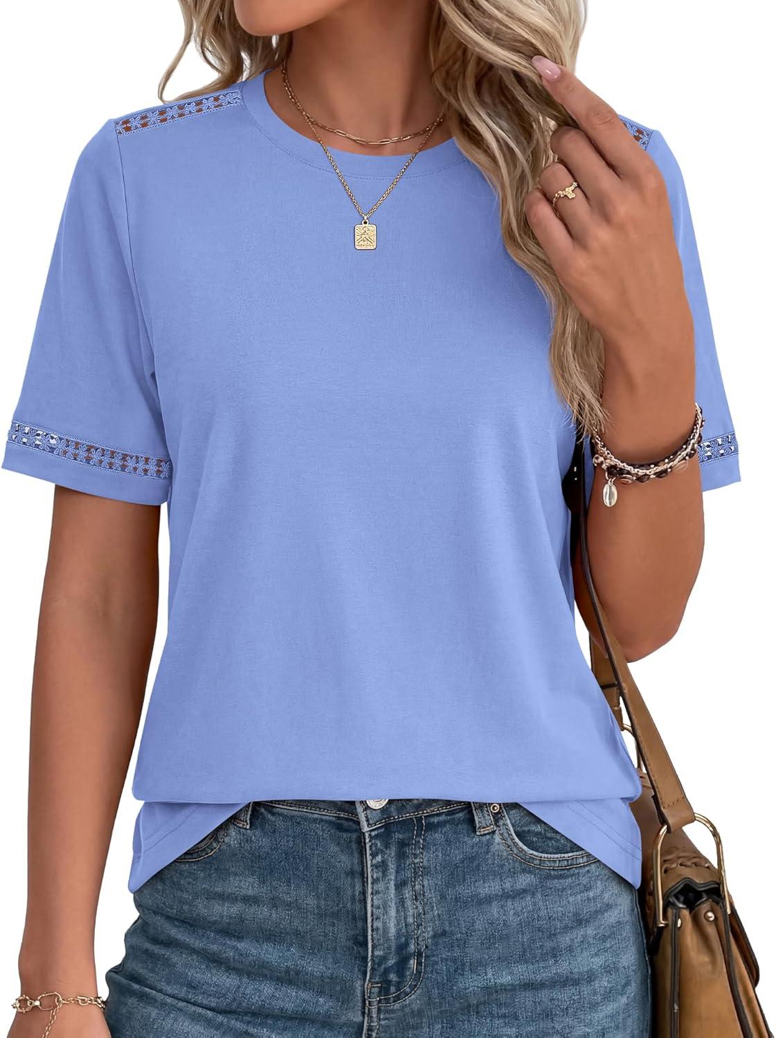 imageBTFBM Womens Summer Tops Lace Short Sleeve Shirts 2026 Spring Casual Loose Crew Neck Cotton Knit Cute Business BlousesLight Blue
