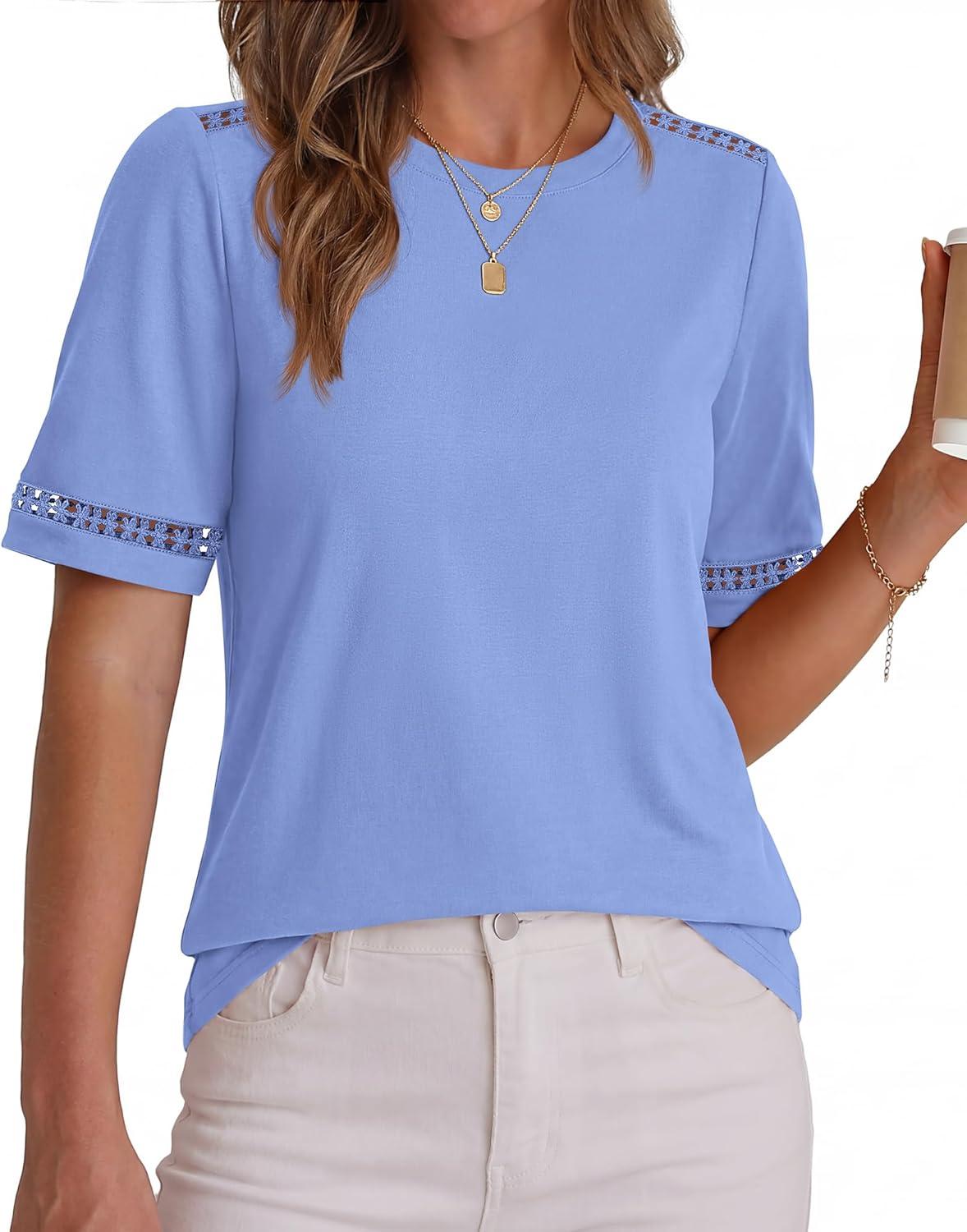 imageBTFBM Womens Summer Tops Lace Short Sleeve Shirts 2026 Spring Casual Loose Crew Neck Cotton Knit Cute Business BlousesLight Blue