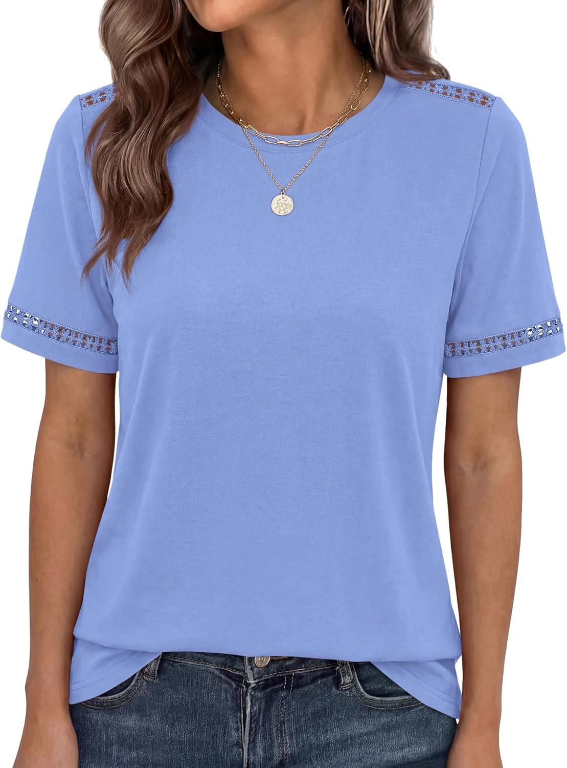 imageBTFBM Womens Summer Tops Lace Short Sleeve Shirts 2026 Spring Casual Loose Crew Neck Cotton Knit Cute Business BlousesLight Blue