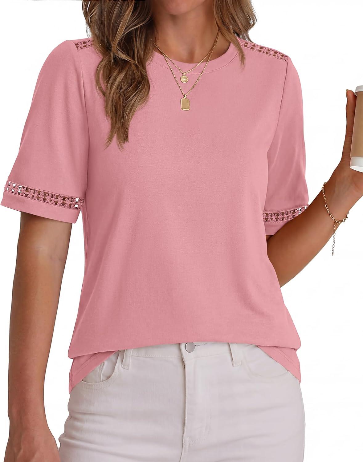 imageBTFBM Womens Summer Tops Lace Short Sleeve Shirts 2026 Spring Casual Loose Crew Neck Cotton Knit Cute Business BlousesPink