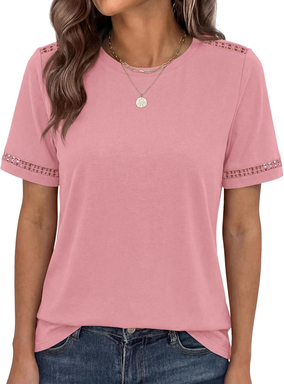 imageBTFBM Womens Summer Tops Lace Short Sleeve Shirts 2026 Spring Casual Loose Crew Neck Cotton Knit Cute Business BlousesPink