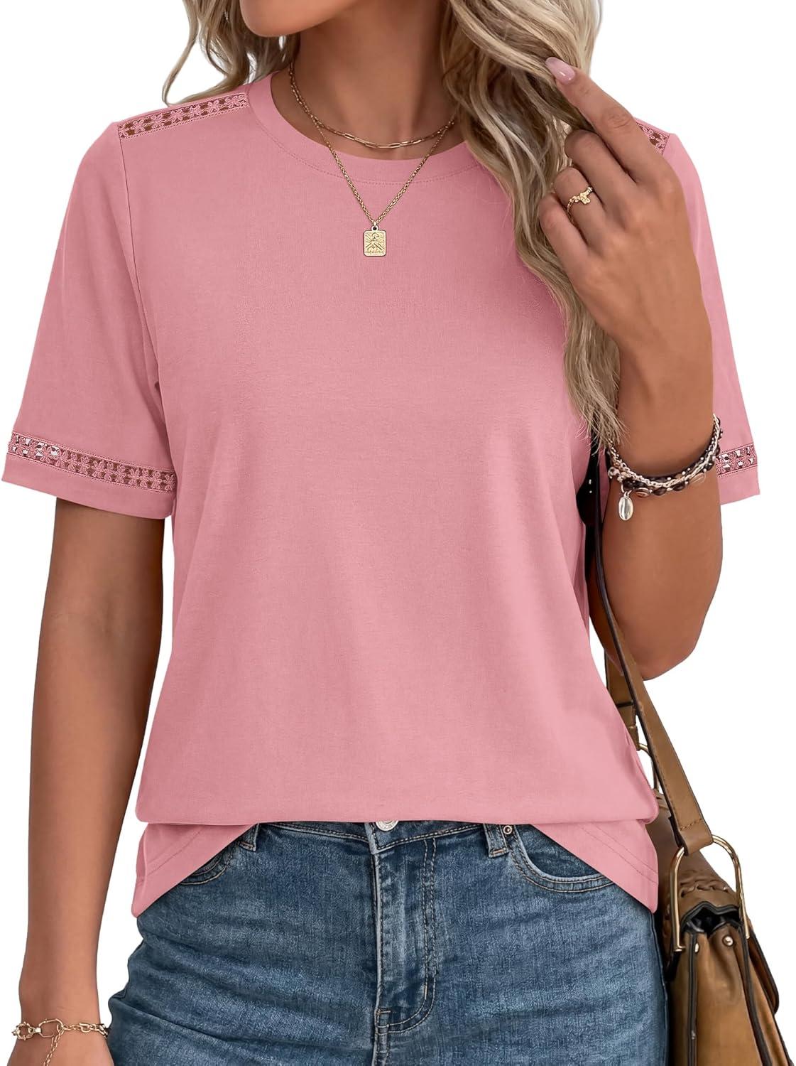 imageBTFBM Womens Summer Tops Lace Short Sleeve Shirts 2026 Spring Casual Loose Crew Neck Cotton Knit Cute Business BlousesPink