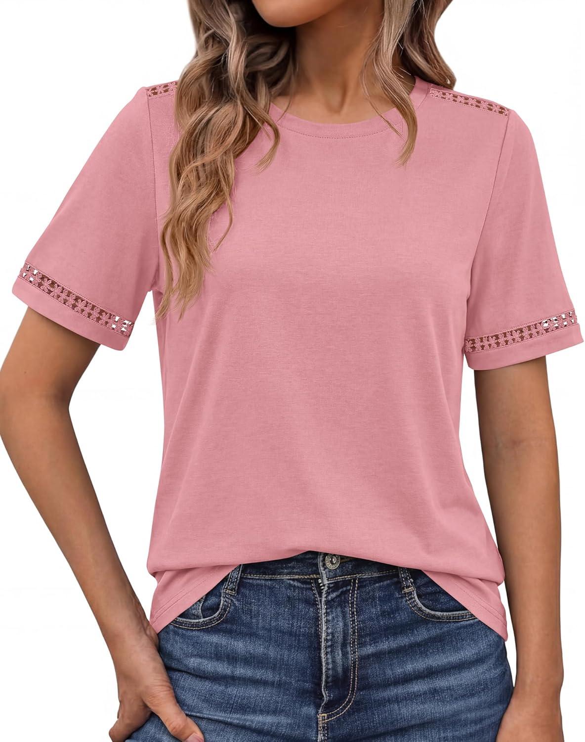 imageBTFBM Womens Summer Tops Lace Short Sleeve Shirts 2026 Spring Casual Loose Crew Neck Cotton Knit Cute Business BlousesPink
