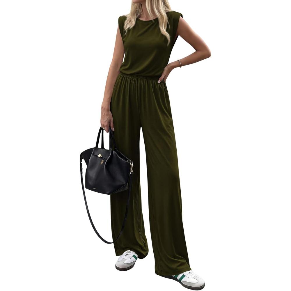 imageBTFBM 2 Piece Sets for Women Summer 2026 Casual Loose Tank Top Wide Leg Pants Suit Matching Travel Airport OutfitsArmy Green