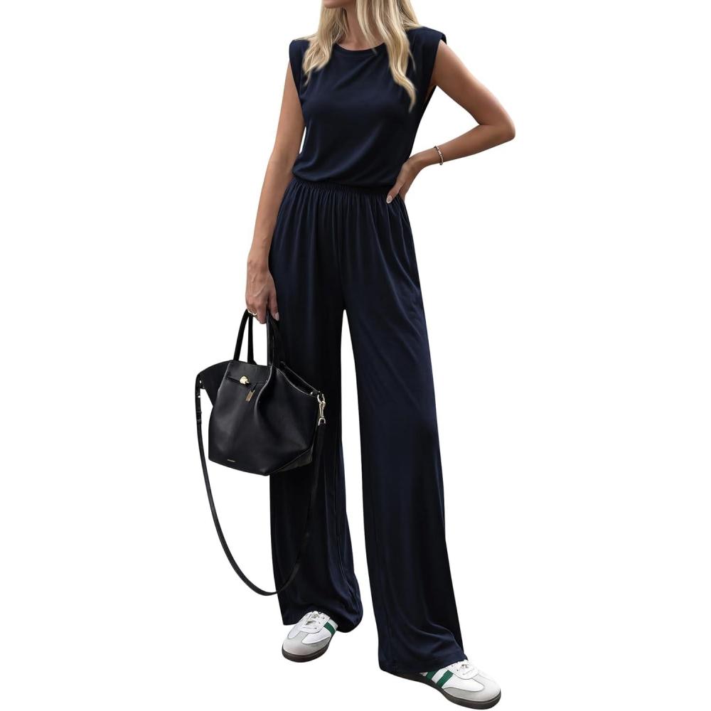 imageBTFBM 2 Piece Sets for Women Summer 2026 Casual Loose Tank Top Wide Leg Pants Suit Matching Travel Airport OutfitsNavy Blue
