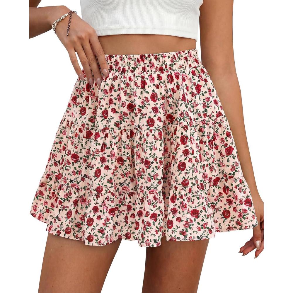 imageBTFBM Summer Skirts for Women 2026 High Waist Flowy Shorts Underneath Boho Tiered Floral Tennis Skorts Casual Mini SkirtFloral Apricot Red