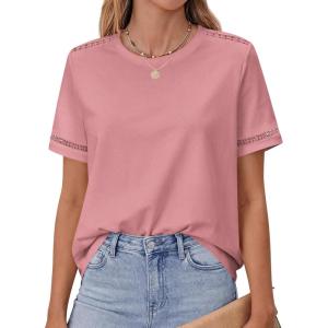 BTFBM Womens Summer Tops Lace Short Sleeve Shirts 2026 Spring Casual Loose Crew Neck Cotton Knit Cute Business Blouses(Pink)