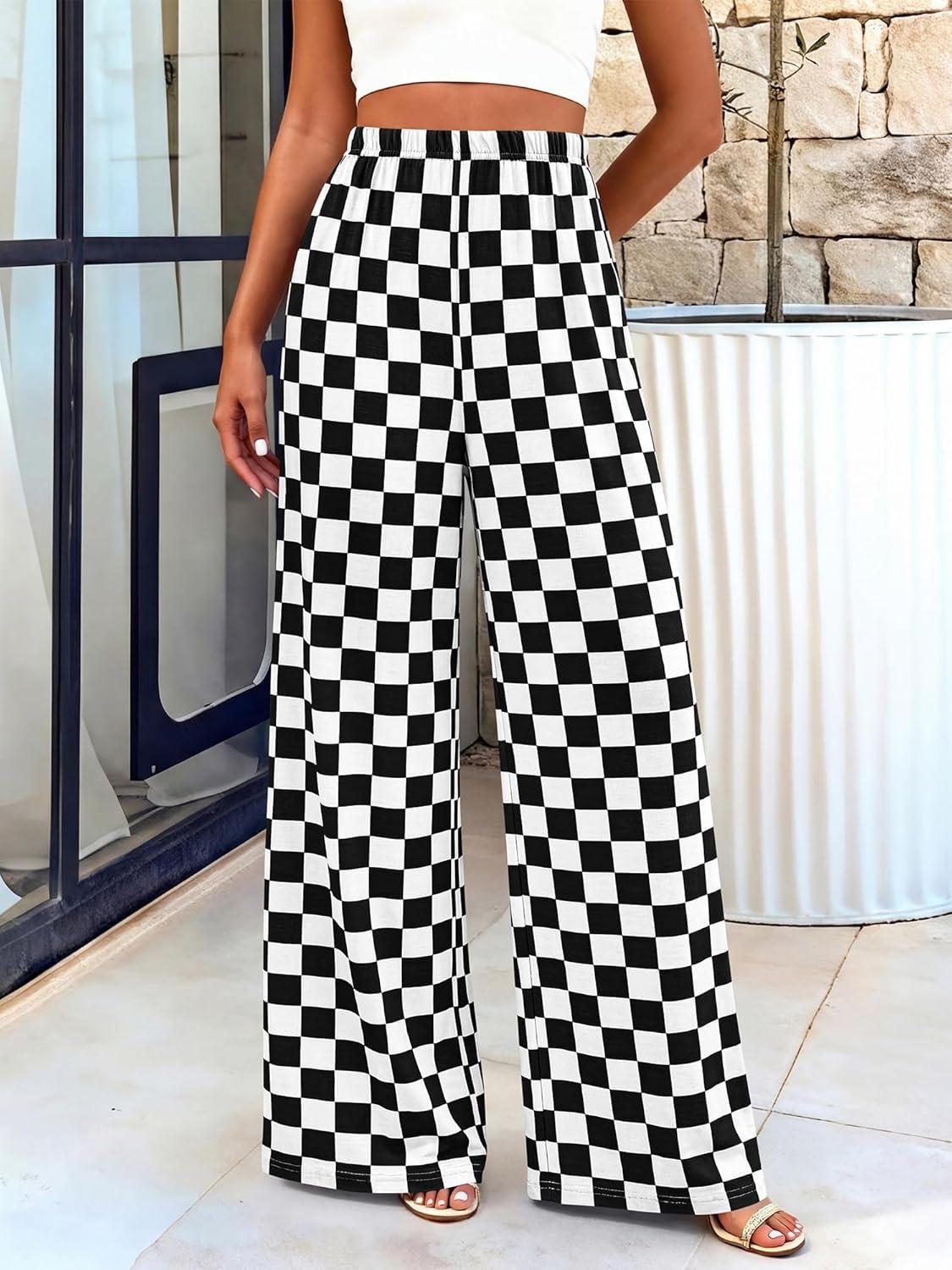 imageBTFBM Womens Gingham Palazzo Pants Casual Wide Leg High Waisted Lounge Pajama Trousers with Pockets Summer OutfitsPlaid Black White