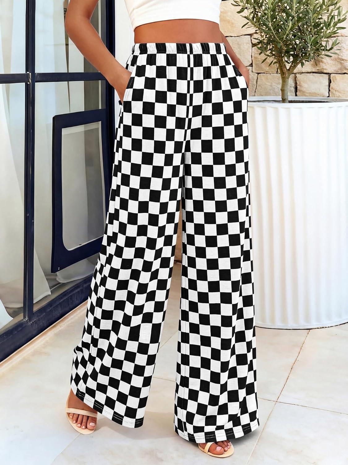 imageBTFBM Womens Gingham Palazzo Pants Casual Wide Leg High Waisted Lounge Pajama Trousers with Pockets Summer OutfitsPlaid Black White