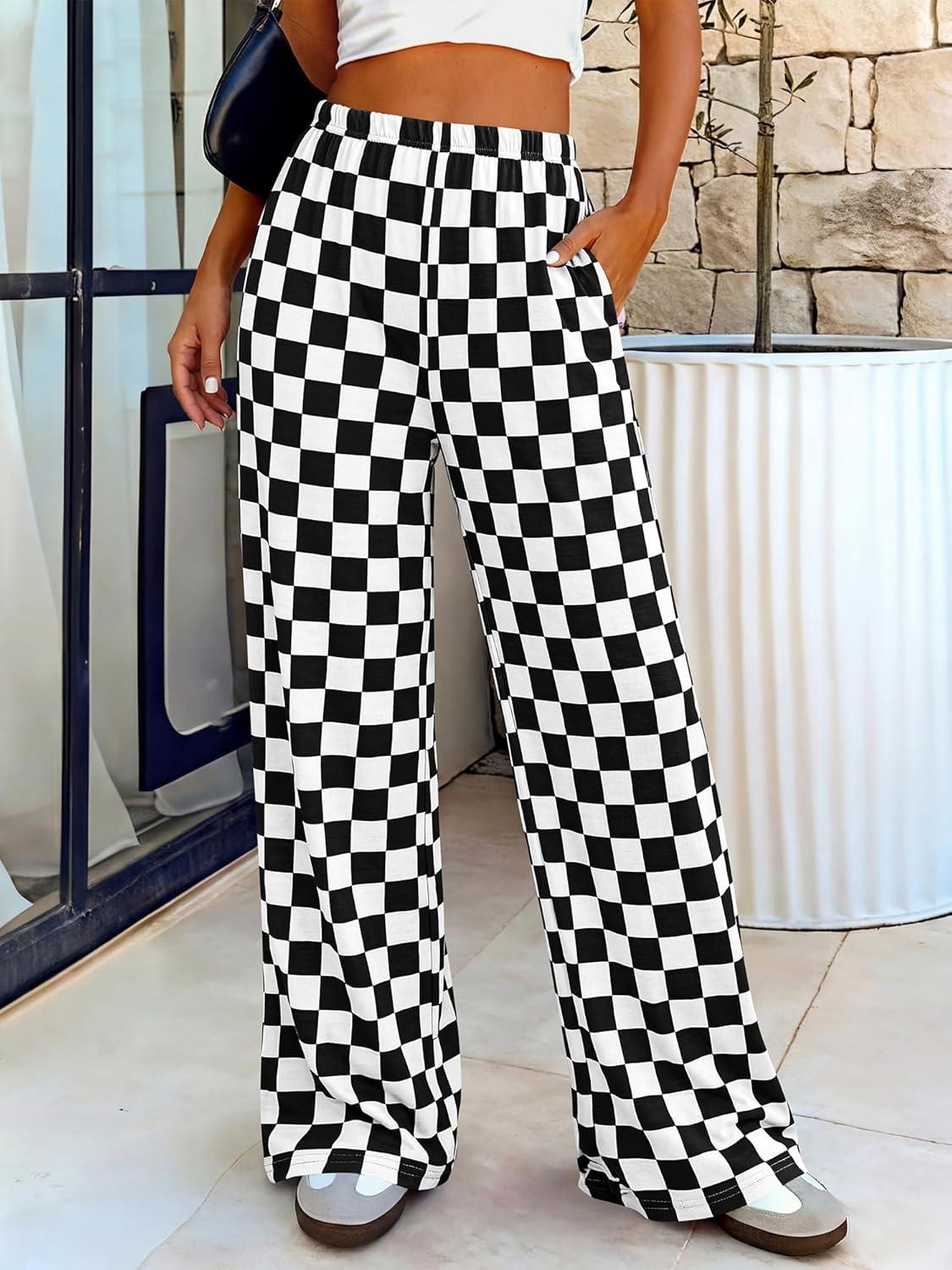 imageBTFBM Womens Gingham Palazzo Pants Casual Wide Leg High Waisted Lounge Pajama Trousers with Pockets Summer OutfitsPlaid Black White