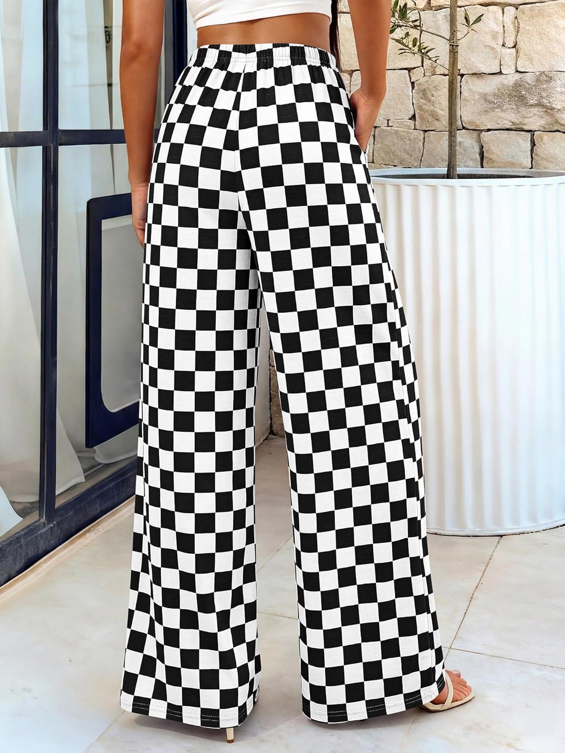 imageBTFBM Womens Gingham Palazzo Pants Casual Wide Leg High Waisted Lounge Pajama Trousers with Pockets Summer OutfitsPlaid Black White