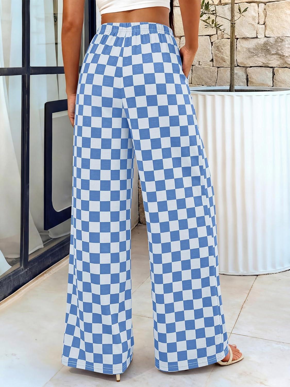 imageBTFBM Womens Gingham Palazzo Pants Casual Wide Leg High Waisted Lounge Pajama Trousers with Pockets Summer OutfitsPlaid Blue