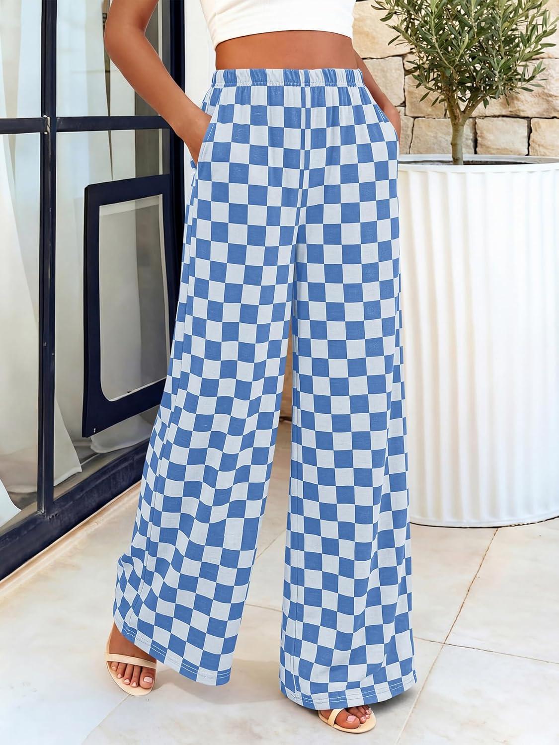 imageBTFBM Womens Gingham Palazzo Pants Casual Wide Leg High Waisted Lounge Pajama Trousers with Pockets Summer OutfitsPlaid Blue