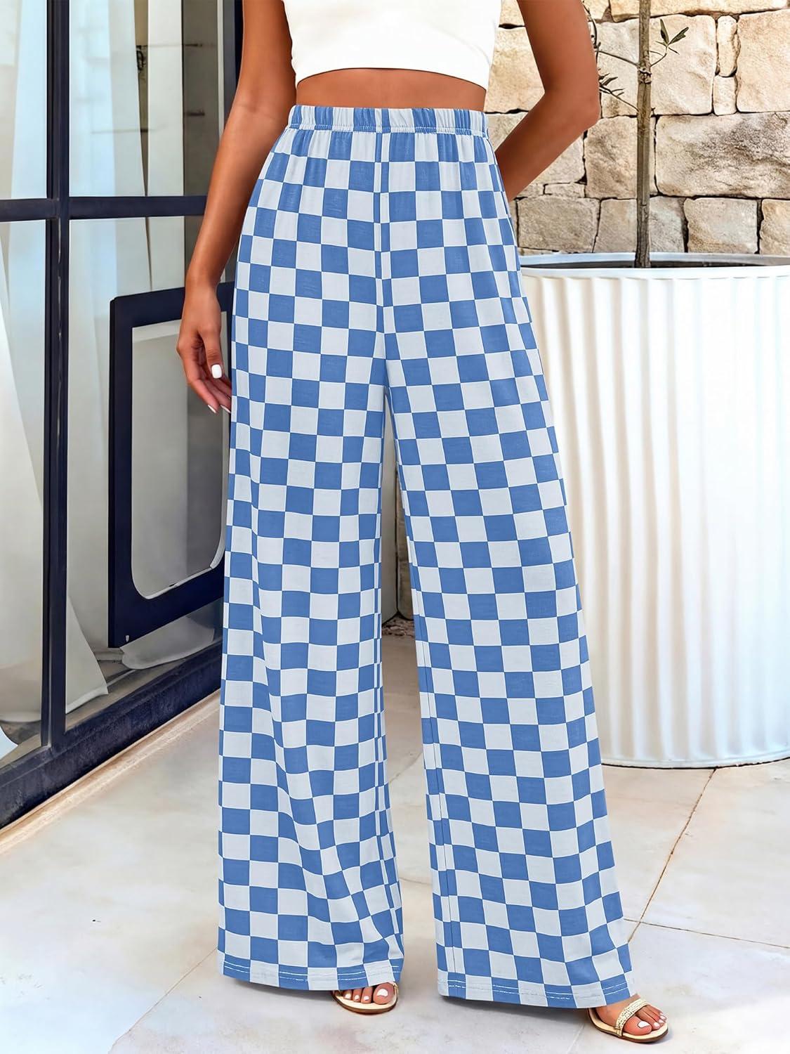 imageBTFBM Womens Gingham Palazzo Pants Casual Wide Leg High Waisted Lounge Pajama Trousers with Pockets Summer OutfitsPlaid Blue