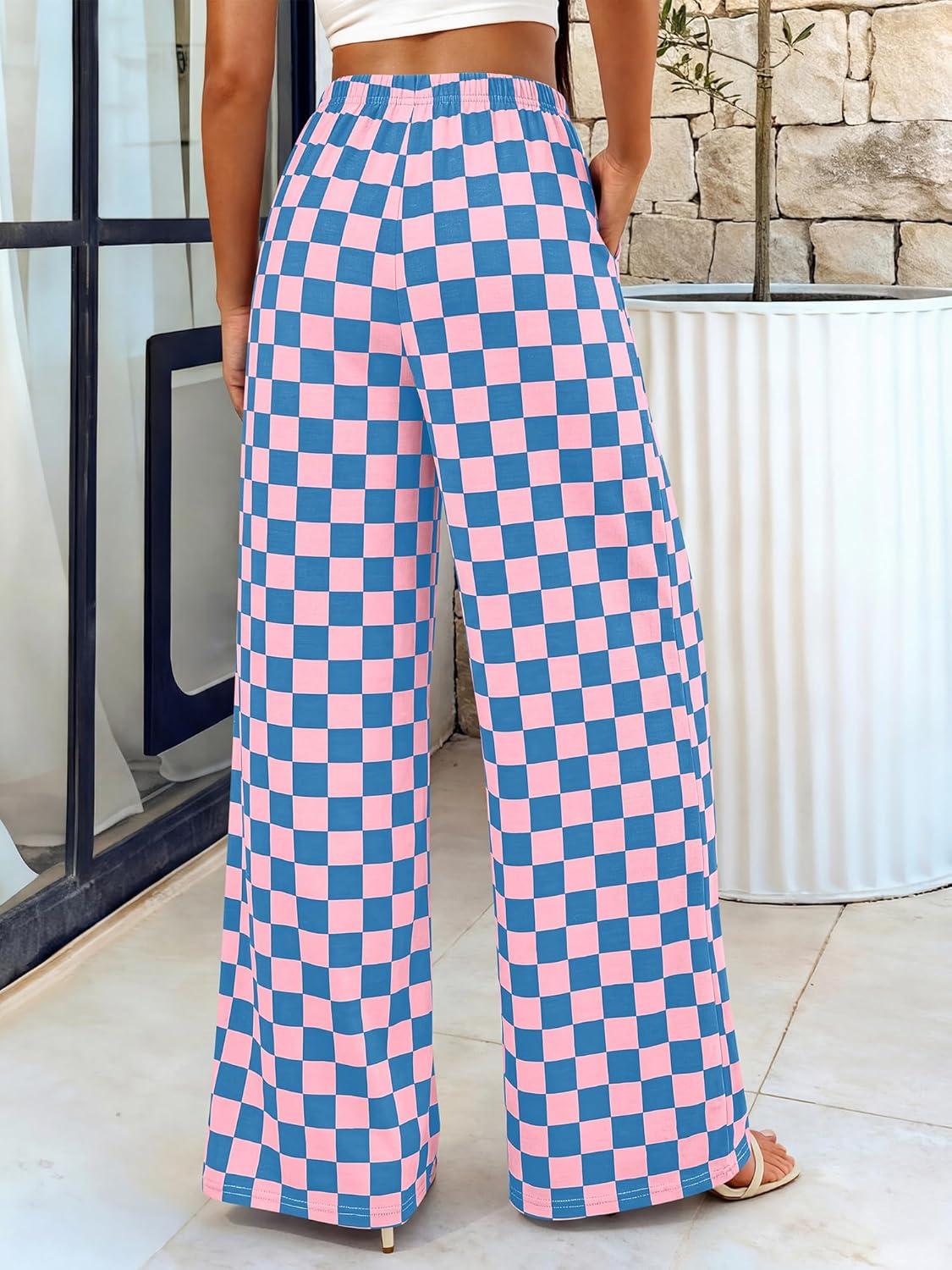imageBTFBM Womens Gingham Palazzo Pants Casual Wide Leg High Waisted Lounge Pajama Trousers with Pockets Summer OutfitsPlaid Blue Pink