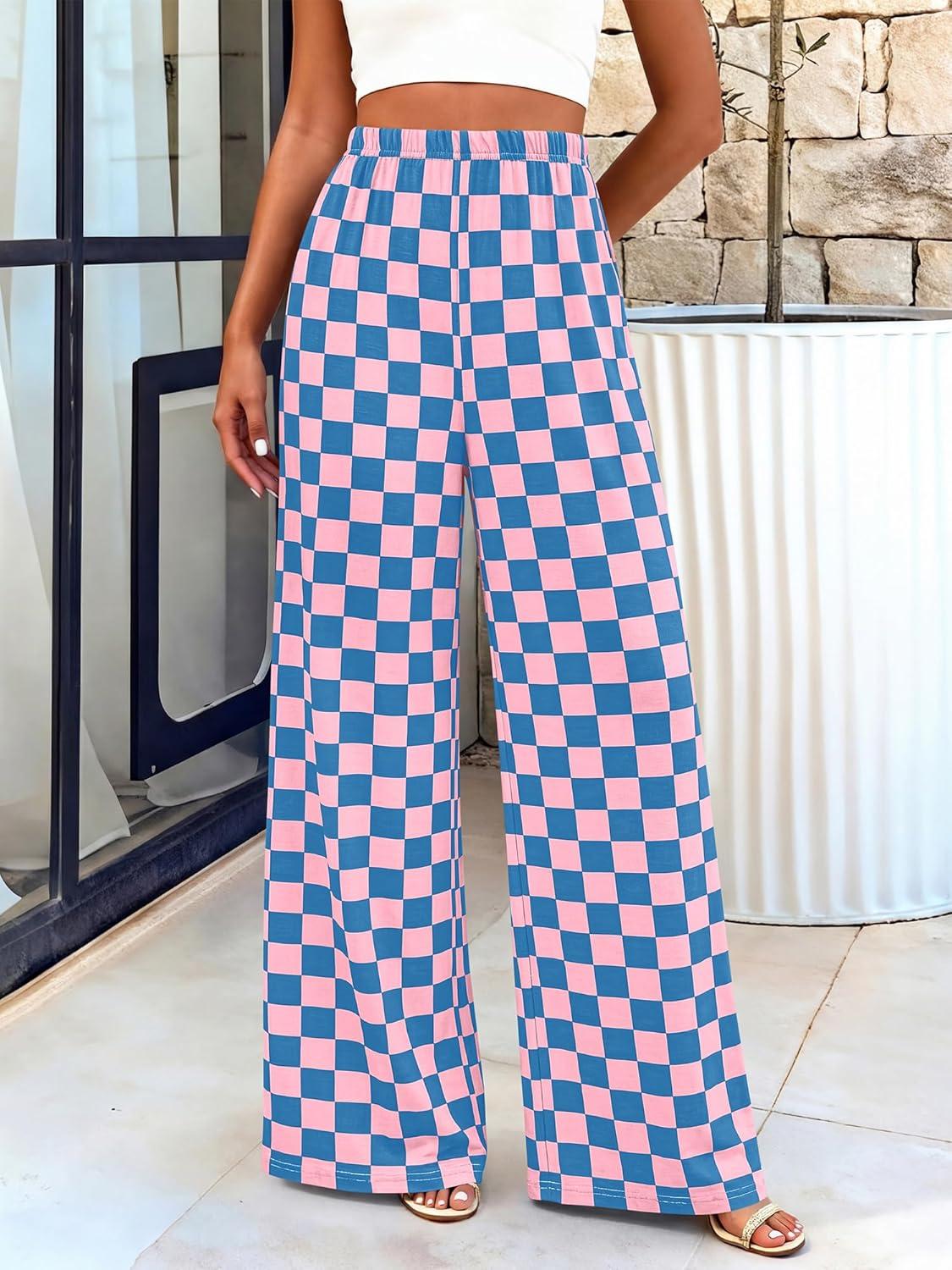 imageBTFBM Womens Gingham Palazzo Pants Casual Wide Leg High Waisted Lounge Pajama Trousers with Pockets Summer OutfitsPlaid Blue Pink