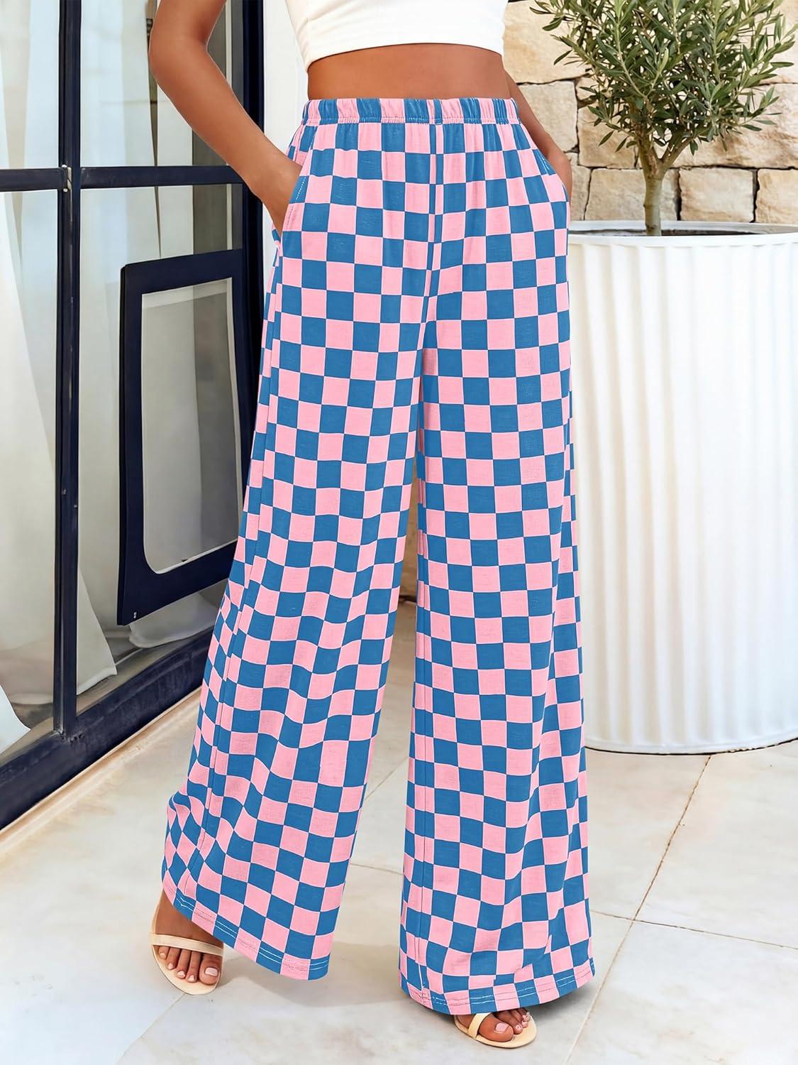 imageBTFBM Womens Gingham Palazzo Pants Casual Wide Leg High Waisted Lounge Pajama Trousers with Pockets Summer OutfitsPlaid Blue Pink
