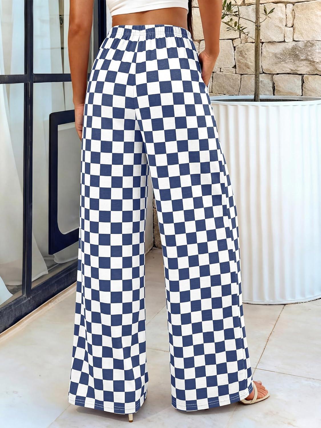 imageBTFBM Womens Gingham Palazzo Pants Casual Wide Leg High Waisted Lounge Pajama Trousers with Pockets Summer OutfitsPlaid Grey Blue