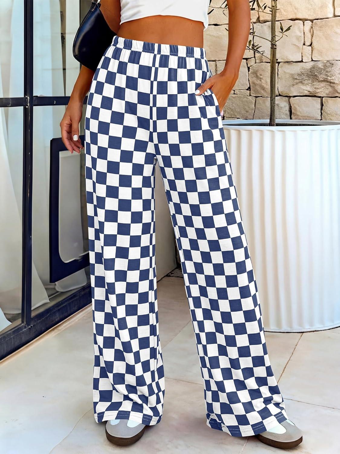 imageBTFBM Womens Gingham Palazzo Pants Casual Wide Leg High Waisted Lounge Pajama Trousers with Pockets Summer OutfitsPlaid Grey Blue