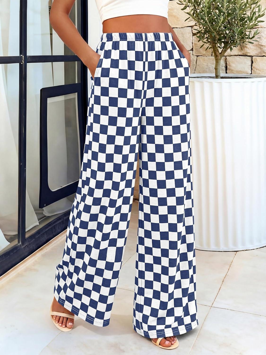 imageBTFBM Womens Gingham Palazzo Pants Casual Wide Leg High Waisted Lounge Pajama Trousers with Pockets Summer OutfitsPlaid Grey Blue