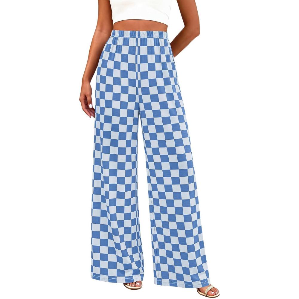 imageBTFBM Womens Gingham Palazzo Pants Casual Wide Leg High Waisted Lounge Pajama Trousers with Pockets Summer OutfitsPlaid Blue