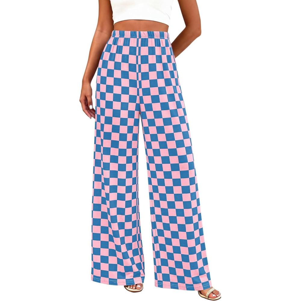 imageBTFBM Womens Gingham Palazzo Pants Casual Wide Leg High Waisted Lounge Pajama Trousers with Pockets Summer OutfitsPlaid Blue Pink