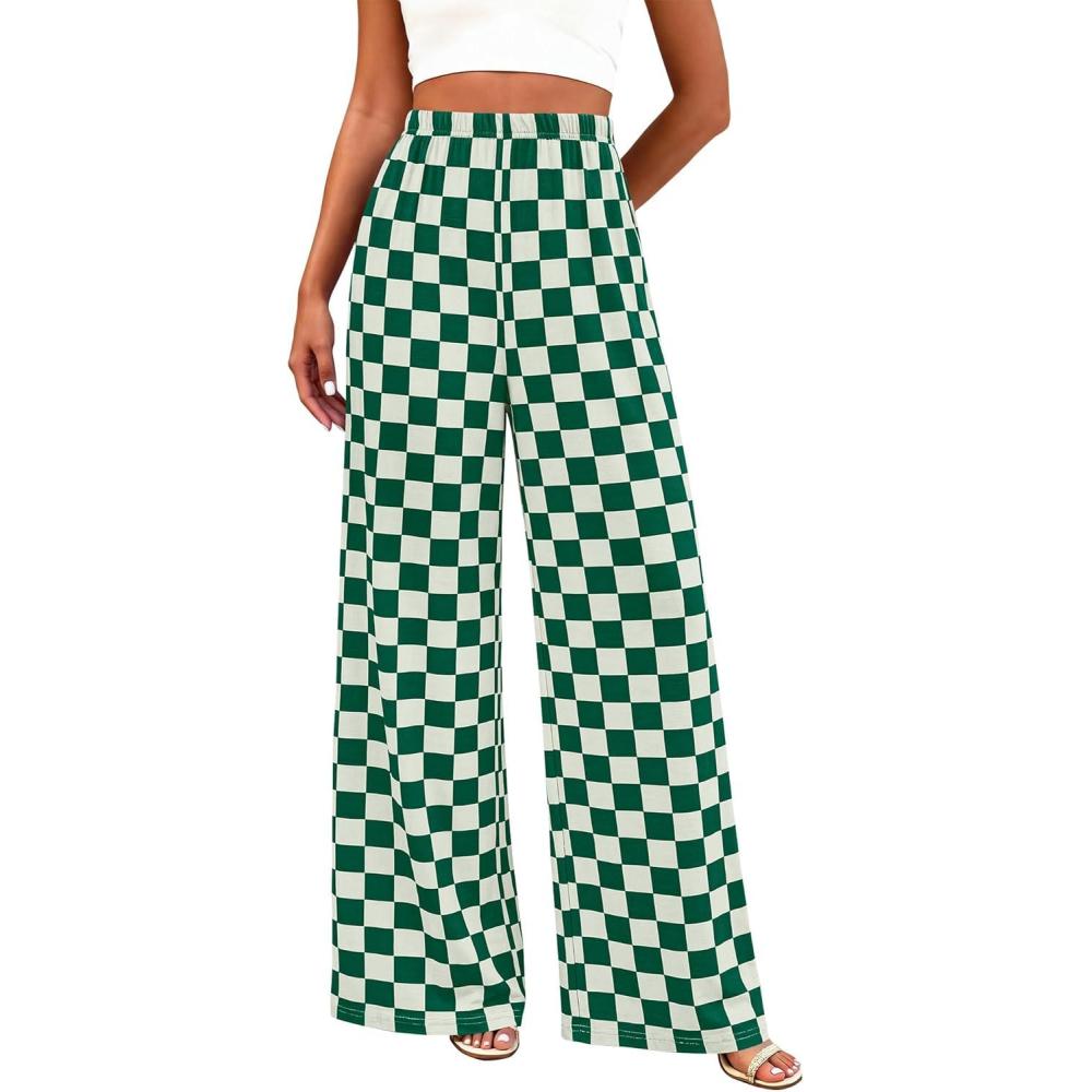 imageBTFBM Womens Gingham Palazzo Pants Casual Wide Leg High Waisted Lounge Pajama Trousers with Pockets Summer OutfitsPlaid Green