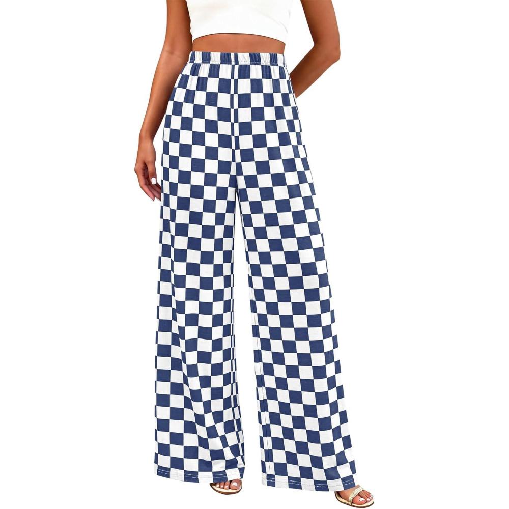 imageBTFBM Womens Gingham Palazzo Pants Casual Wide Leg High Waisted Lounge Pajama Trousers with Pockets Summer OutfitsPlaid Grey Blue