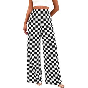 BTFBM Womens Gingham Palazzo Pants Casual Wide Leg High Waisted Lounge Pajama Trousers with Pockets Summer Outfits(Plaid Black White)
