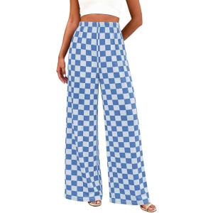 BTFBM Womens Gingham Palazzo Pants Casual Wide Leg High Waisted Lounge Pajama Trousers with Pockets Summer Outfits(Plaid Blue)