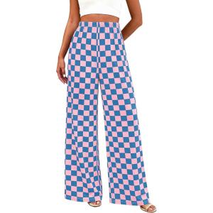 BTFBM Womens Gingham Palazzo Pants Casual Wide Leg High Waisted Lounge Pajama Trousers with Pockets Summer Outfits(Plaid Blue Pink)