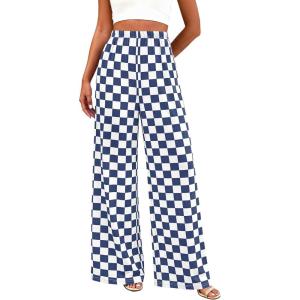 BTFBM Womens Gingham Palazzo Pants Casual Wide Leg High Waisted Lounge Pajama Trousers with Pockets Summer Outfits(Plaid Grey Blue)