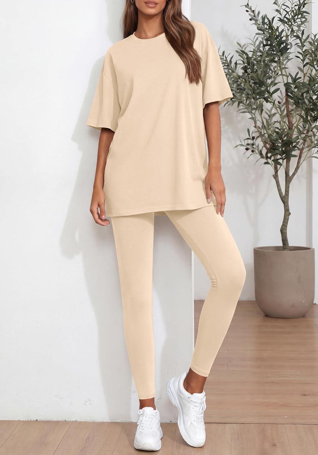 imageBTFBM Two Piece Lounge Set Women 2026 Spring Casual Oversized Shirts Leggings Matching Workout Airport Travel OutfitsBeige