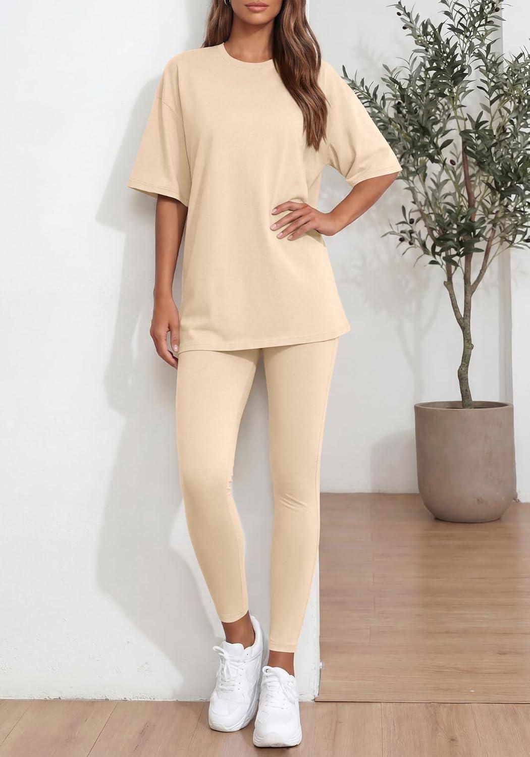 imageBTFBM Two Piece Lounge Set Women 2026 Spring Casual Oversized Shirts Leggings Matching Workout Airport Travel OutfitsBeige
