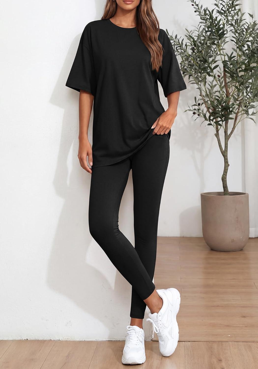 imageBTFBM Two Piece Lounge Set Women 2026 Spring Casual Oversized Shirts Leggings Matching Workout Airport Travel OutfitsBlack