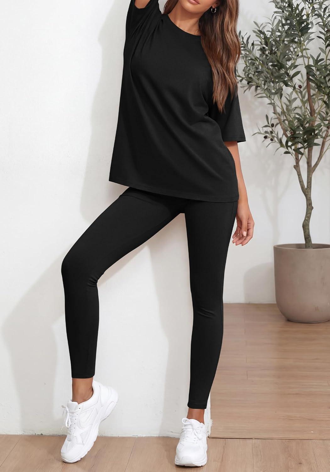 imageBTFBM Two Piece Lounge Set Women 2026 Spring Casual Oversized Shirts Leggings Matching Workout Airport Travel OutfitsBlack