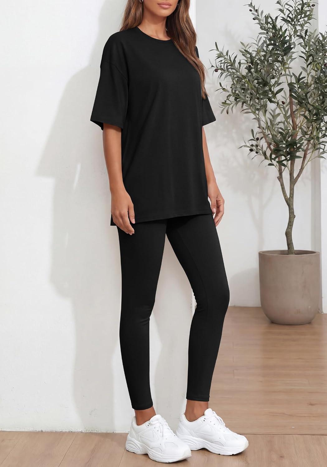 imageBTFBM Two Piece Lounge Set Women 2026 Spring Casual Oversized Shirts Leggings Matching Workout Airport Travel OutfitsBlack
