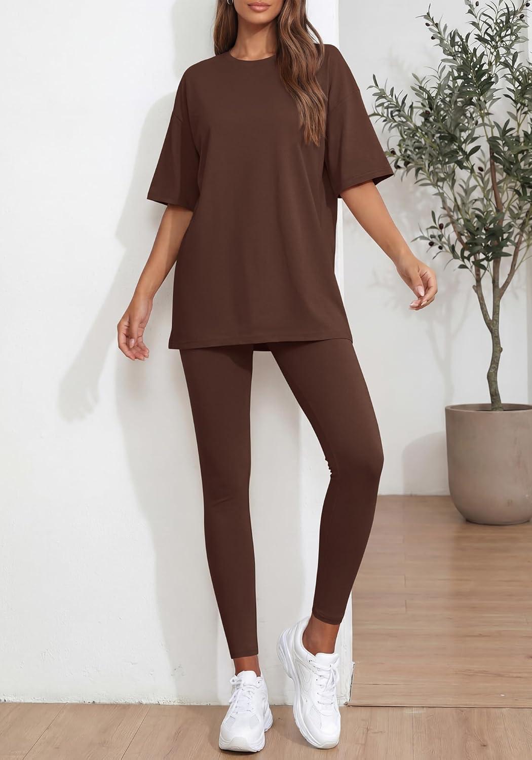 imageBTFBM Two Piece Lounge Set Women 2026 Spring Casual Oversized Shirts Leggings Matching Workout Airport Travel OutfitsBrown