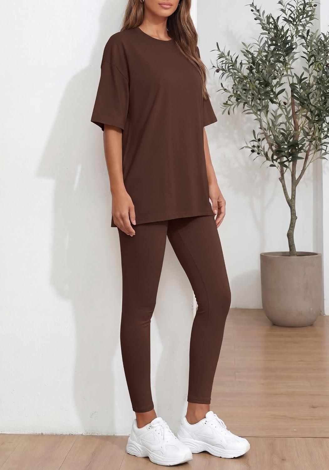 imageBTFBM Two Piece Lounge Set Women 2026 Spring Casual Oversized Shirts Leggings Matching Workout Airport Travel OutfitsBrown