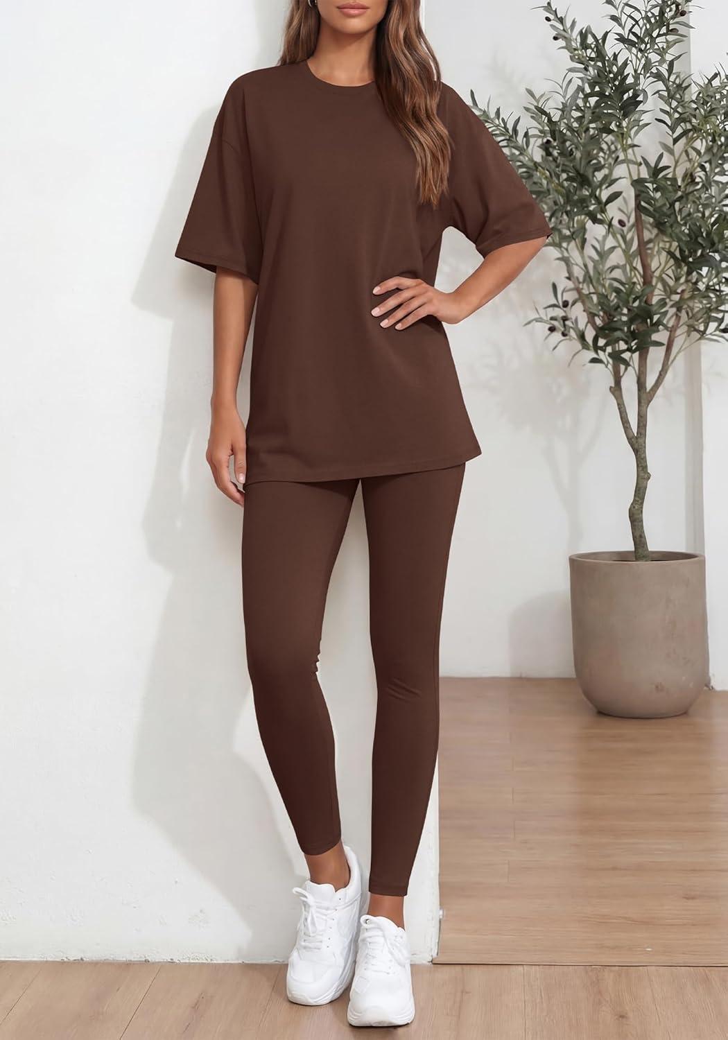 imageBTFBM Two Piece Lounge Set Women 2026 Spring Casual Oversized Shirts Leggings Matching Workout Airport Travel OutfitsBrown