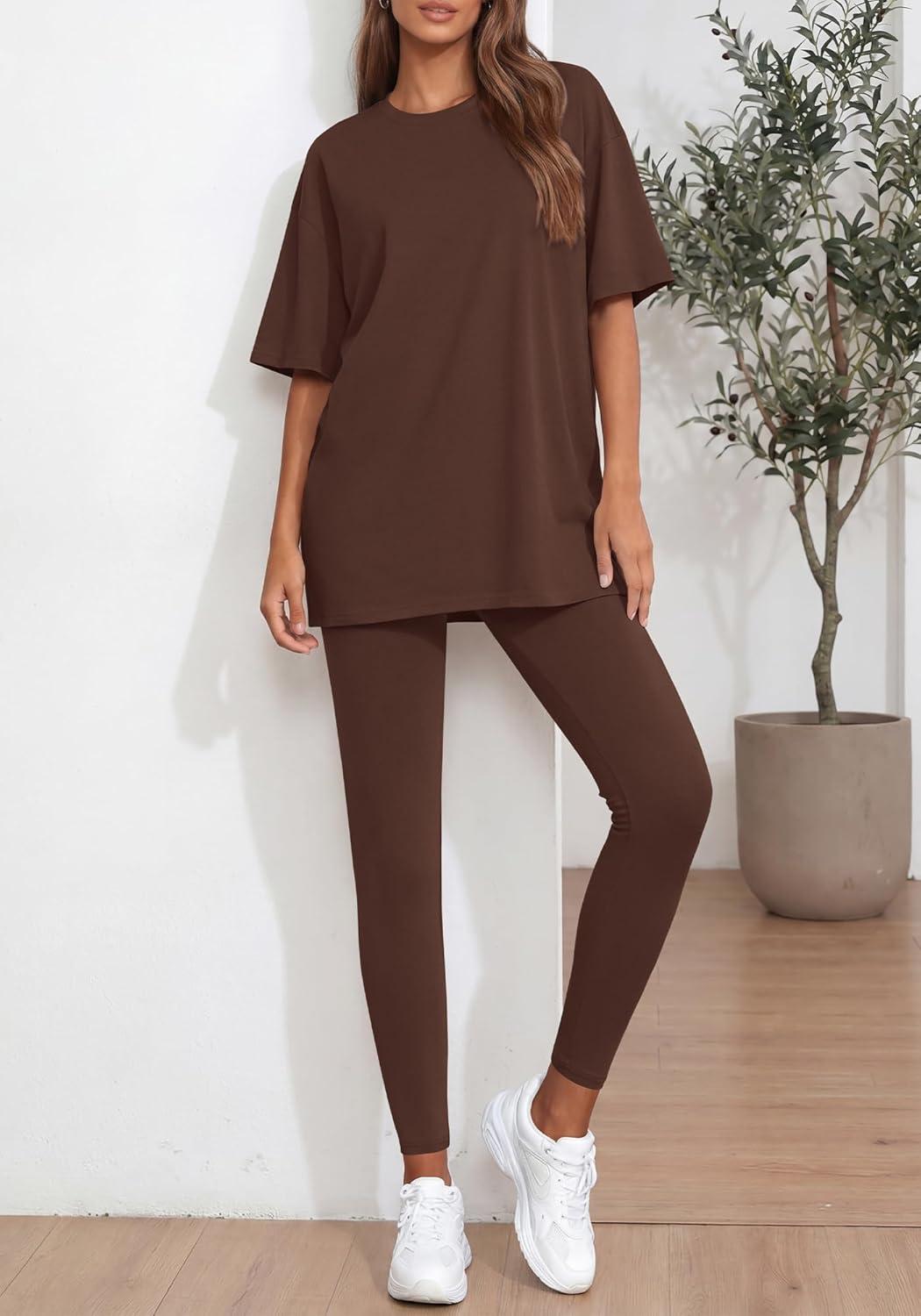 imageBTFBM Two Piece Lounge Set Women 2026 Spring Casual Oversized Shirts Leggings Matching Workout Airport Travel OutfitsBrown