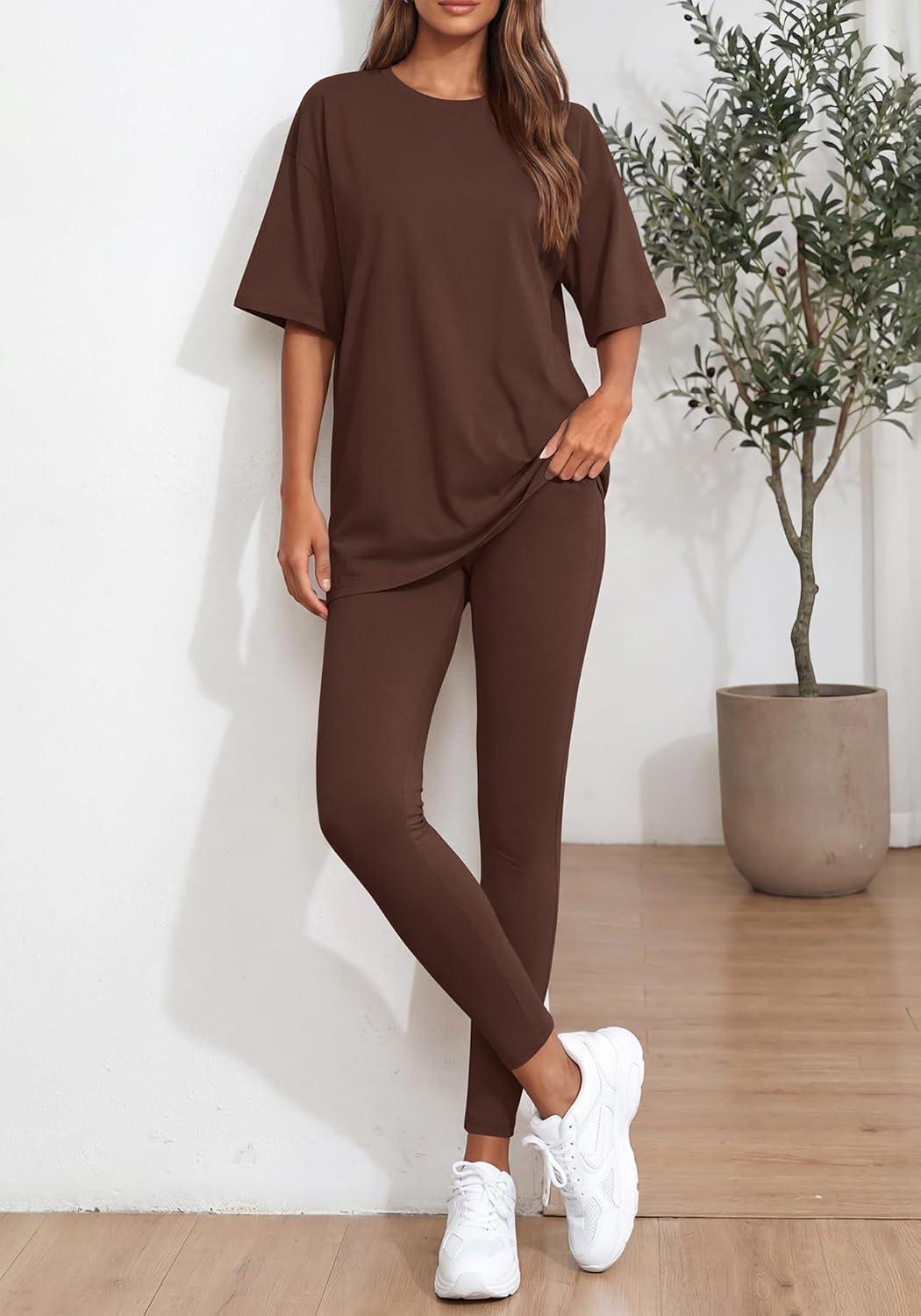 imageBTFBM Two Piece Lounge Set Women 2026 Spring Casual Oversized Shirts Leggings Matching Workout Airport Travel OutfitsBrown